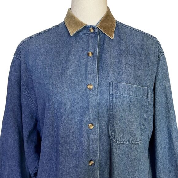 Vintage Brooks Brothers Denim Button Up Shirt Suede Leather Collar Elbow Patches - Picture 5 of 5
